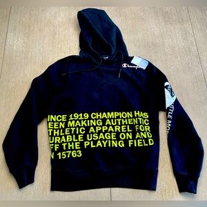 Champion size medium unisex black hoodie w/neon yellow lettering heavy weight
